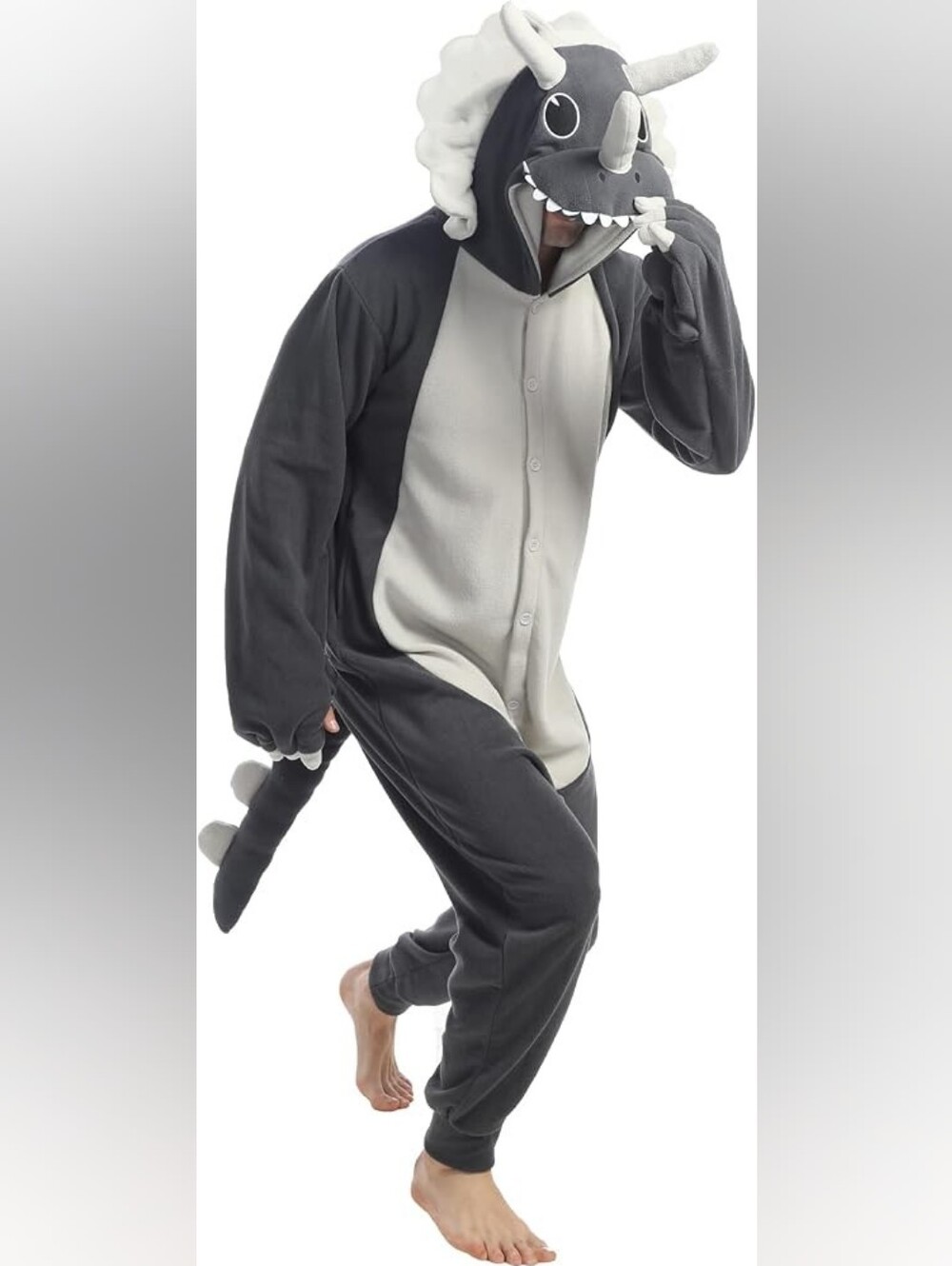 Women's Gray and Cream Dinosaur Onesie Footie - Cozy Hooded Romper